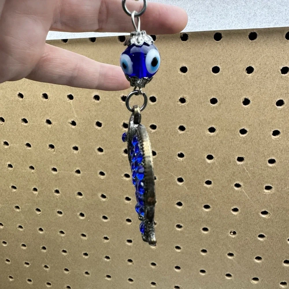 Elephant Keychain Blue Rhinestone Evil Eye Charm Silver Tone Good‎ Luck